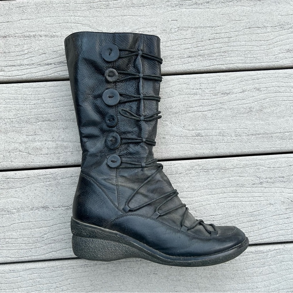 Miz Mooz Mid-Calf Leather Wedge Boots | Button Detail | Size 38